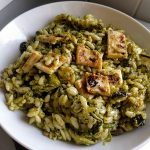 Orzo with brocoli pesto, spiralized courgette and black olive 42