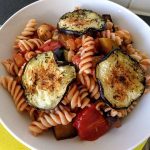 Brown rice pasta with courgette and eggplant 42